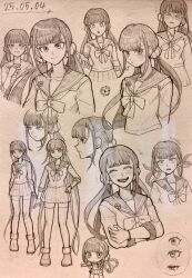 Rule 34 | 1girl, bow, bowtie, breasts, chibi, collarbone, danganronpa (series), danganronpa v3: killing harmony, dated, frown, hair ornament, hair scrunchie, harukawa maki, highres, kirin (suzoke 1), long hair, long sleeves, low twintails, miniskirt, mole, mole under eye, multiple views, pleated skirt, sail, scrunchie, shirt, shoes, skirt, small breasts, thighhighs, twintails, zettai ryouiki
