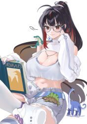 1girl :3 adjusting_eyewear alisame bra bra_peek denim denim_shorts dinosaur dinosaur_footprints goddess_of_victory:_nikke highres moran_(nikke) moran_(off-duty_queen)_(nikke) multicolored_hair official_alternate_costume round_eyewear shorts solo torn_clothes torn_shorts tyrannosaurus_rex underwear