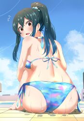 Rule 34 | 1girl, absurdres, ass, bare shoulders, bikini, blue bikini, blush, breasts, brown eyes, green hair, hair ornament, haruki (haruki678), highres, idolmaster, idolmaster cinderella girls, long hair, looking at viewer, ohishi izumi, open mouth, ponytail, pool, poolside, purple bikini, solo, swimsuit, water, water drop, wet