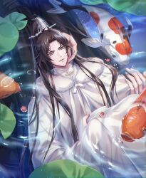 2boys absurdres artist_name black_cloak black_hanfu black_sash blue_eyes bowl brown_hair chinese_clothes chu_wanning cloak erha_he_tadebai_mao_shizun feeding_animal fur-trimmed_cloak fur_trim half_updo hand_in_another&#039;s_hair hand_on_another&#039;s_face hanfu high_ponytail highres holding holding_bowl koi long_hair long_sleeves looking_down lotus_leaf male_focus mo_ran multiple_boys open_mouth parted_lips ponytail reflection reflective_water ribbon ripples sash squatting water white_cloak white_hanfu white_ribbon wide_sleeves xiao_guan_(headdress) zehel_az