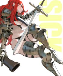 1girl armor arowana2111 bikini_armor breasts large_breasts navel plump red_hair sword tagme underboob weapon