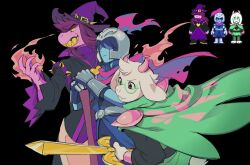 1boy 1girl 1other animal_ears armlet armor black_background blue_skin cape colored_skin colored_teeth cowboy_shot deltarune fire furry furry_female furry_male gauntlets glasses goat_boy goat_ears goat_horns green-framed_eyewear green_cape grin hat helmet highres holding holding_sword holding_weapon horns jewelry kris_(deltarune) long_hair looking_ahead multiple_views pauldrons pink_cape pink_fire pink_skin purple_hair purple_hat ralsei semi-rimless_eyewear sharp_teeth shoulder_armor simple_background smile spiked_armlet susie_(deltarune) sword teeth torn_cape torn_clothes ttudolee under-rim_eyewear weapon wizard_hat yellow_teeth