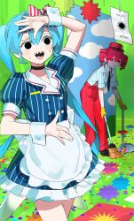 2girls absurdres apron black_choker black_necktie black_shoes blue_dress blue_hair blue_hat bow bright_pupils broom buttons choker cleaning collarbone collared_shirt confetti cowboy_shot diagonal-striped_bow double-breasted dress drill_hair dustpan fingernails full_body gloves green_screen hair_between_eyes hat hatsune_miku highres holding holding_broom holding_dustpan kasane_teto kepi long_hair looking_ahead looking_at_another mesmerizer_(vocaloid) military_hat multiple_girls necktie nik_ibi pants pinstripe_dress pinstripe_hat pinstripe_pattern puffy_short_sleeves puffy_sleeves red_bow red_eyes red_hat red_pants sharp_teeth shirt shoes short_sleeves sleeves_rolled_up solid_circle_eyes striped_clothes striped_shirt suspenders sweat teeth tongue twin_drills twintails two-tone_bow upper_teeth_only utau vocaloid waist_apron white_apron white_bow white_pupils white_wrist_cuffs wing_collar wrist_cuffs yellow_gloves