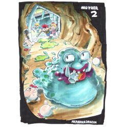 Rule 34 | 1girl, 2boys, akahanadragon, ball and chain restraint, baseball bat, baseball cap, blonde hair, bottle rocket, bow, bowtie, cave interior, chasing, doseisan, dress, factory, formal clothes, full body, hat, honey, jeff andonuts, looking at another, looking back, master belch (mother 2), monster, mother (series), mother 2, multiple boys, ness (mother 2), nintendo, open mouth, paula (mother 2), running, shirt, shoes, shorts, sneakers, striped clothes, striped shirt, suit, sweatdrop, trash can