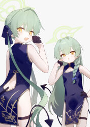 2girls absurdres alternate_costume ass black_dress black_gloves black_tail blue_archive breasts china_dress chinese_clothes demon_tail dress eco_376124 gloves green_hair green_halo halo highres hikari_(blue_archive) loli long_hair looking_at_viewer multiple_girls nozomi_(blue_archive) open_mouth pelvic_curtain siblings simple_background sisters small_breasts smile tail thigh_strap twins twintails white_background yellow_eyes