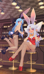 2girls alcohol animal_ears antenna_hair ass bar_(place) bar_stool black_leotard black_shoes blue_hair blush bow bowtie commentary_request commission copyright_request cup detached_collar drinking_glass fishnet_pantyhose fishnets hair_bow high_heels highres holding holding_cup huge_bow len_(tsukihime) leotard licking_lips median_furrow multiple_girls okuribi orange_bow orange_bowtie original pantyhose parted_hair playboy_bunny pointy_ears rabbit_ears red_leotard red_shoes red_wine shoes sitting skeb_commission stool tongue tongue_out white_hair white_len_(tsukihime) wine wine_glass wrist_cuffs