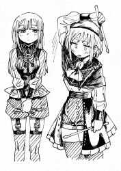 2girls amoris_(bang_dream!) arm_up ascot bang_dream! bang_dream!_it&#039;s_mygo!!!!! bead_necklace beads beret capelet commentary cosplay costume_switch drumsticks garter_straps greyscale hat highres holding holding_drumsticks jewelry long_hair long_sleeves monochrome mortis_(bang_dream!) mortis_(costume)_(bang_dream!) multiple_girls necklace pantyhose short_hair shorts symbol-only_commentary wakaba_mutsumi youichi82880400 yuutenji_nyamu
