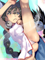 1girl animal_ears arm_up ass bare_legs bell black_hair braid breasts cat_ears cat_girl china_dress chinese_clothes closed_mouth dress feet_out_of_frame fighting_stance frown gluteal_fold hair_bell hair_ornament highres jingle_bell kneepits long_hair looking_at_viewer low_twin_braids original paid_reward_available panties short_hair sleeveless sleeveless_dress slit_pupils small_breasts solo soon_(c-u-soon) split standing standing_on_one_leg standing_split thighs twin_braids underwear very_long_hair wedgie white_dress white_panties yellow_eyes