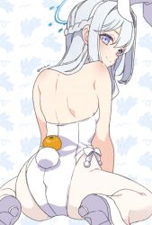 1girl animal_ears bare_back bare_shoulders blue_archive blue_halo braid commentary_request detached_collar fake_animal_ears food from_behind fruit grey_hair halo high_heels koruri leotard long_hair looking_at_viewer miyako_(blue_archive) orange_(fruit) pantyhose playboy_bunny purple_eyes rabbit_background rabbit_ears rabbit_tail sitting solo strapless strapless_leotard tail wariza white_leotard white_pantyhose