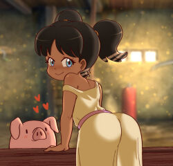 1girl animal arm_support ass barn black_hair blue_eyes blush dakunart dark-skinned_female dark_skin dress earrings fence from_behind heart highres jewelry leaning_forward loli looking_at_viewer looking_back original pig short_hair sleeveless sleeveless_dress smile standing strap_slip twintails window wooden_fence yellow_dress