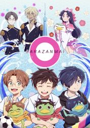 1girl 5boys absurdres akutsu_mabu animal azuma_sara black_hair blue_eyes blue_scarf bow brown_hair brown_vest cape closed_eyes copyright_name crossed_arms dark-skinned_male dark_skin flower glasses gloves green_eyes hair_over_one_eye hand_on_own_hip highres holding holding_animal hood hoodie jinnai_enta kappa keppi kuji_toi male_focus mesyoko multiple_boys niiboshi_reo orange_scarf pink_bow purple_eyes red_scarf sarazanmai scarf seigaiha sharp_teeth shirt short_hair soccer_uniform sportswear sweater_vest teeth vest white_cape white_gloves white_shirt wide_sleeves yasaka_kazuki