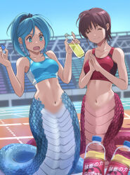 2girls blue_hair blush bottle brown_hair gym_uniform highres lamia midriff monster_girl multiple_girls navel nikulas_cage open_mouth original ponytail smile