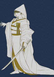ace_attorney asougi bride dress highres holding holding_sword holding_weapon japanese_clothes katana kazuma_asogi kimono p_(po_dgs) red_lips shiromuku sword the_great_ace_attorney uchikake weapon wedding_dress