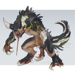 alternate_form animal_focus artist_name claws commentary deathclaw endivinity english_commentary fallout full_body green_eyes grey_background highres horns letterboxed long_tongue monster no_humans open_mouth original outside_border sharp_teeth simple_background solo tail teeth tongue watermark