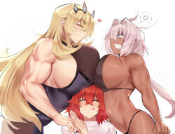 3girls alternate_costume anger_vein angry animal_ears bare_shoulders barghest_(fate) barghest_(second_ascension)_(fate) between_breasts biceps bikini black_bikini blonde_hair blue_eyes breast_contest breast_press breasts caenis_(fate) caenis_(swimsuit_rider)_(fate) caenis_(swimsuit_rider)_(first_ascension)_(fate) clenched_teeth dark-skinned_female dark_skin deccatezu fate/grand_order fate_(series) fujimaru_ritsuka_(female) head_between_breasts heart highres horns huge_breasts large_breasts licking_lips light_smile long_hair multiple_girls muscular muscular_female red_hair rubbing_hands_together short_hair simple_background smile spoken_anger_vein swimsuit symmetrical_docking teeth tongue tongue_out twitter_username white_hair yuri