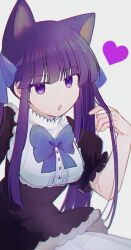 Rule 34 | 1girl, alternate hairstyle, animal ears, bakara (19083210), black dress, blue bow, blue bowtie, blue ribbon, blunt bangs, bow, bowtie, breasts, buttons, cat ears, dress, film grain, frederica bernkastel, grey background, hair ribbon, hand in own hair, heart, medium breasts, open mouth, purple eyes, purple hair, ribbon, sidelocks, simple background, solo, twintails, umineko no naku koro ni, upper body