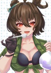 1girl agnes_tachyon_(umamusume) animal_ears bikini black_bikini black_gloves blush breasts brown_hair cleavage commentary_request flask gloves green_shirt hair_between_eyes highres hisagi_(hisagi00) holding holding_spoon horse_ears horse_girl long_bangs looking_at_viewer medium_breasts open_clothes open_mouth orange_eyes round-bottom_flask shirt short_hair single_glove smile solo spoon swimsuit tied_shirt umamusume upper_body white_background