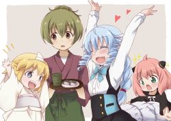 4girls ahoge anya_(spy_x_family) arms_up blonde_hair blue_hair blush border brown_eyes buttons child closed_eyes commentary_request crossed_bangs deaimon dot_nose double-breasted drill_hair fa_(rpg_fudousan) fang fangs feet_out_of_frame food green_eyes green_hair grey_background hair_between_eyes hair_ornament heart highres holding holding_plate long_hair long_sleeves looking_at_another looking_away mochi multiple_girls nora-toro open_mouth outside_border pink_hair plate rpg_fudousan sakura_mochi season_connection shachiku-san_wa_youjo_yuurei_ni_lyyasaretai sidelocks sparkle spy_x_family tail tareme triangular_headpiece wagashi white_border yukihira_itsuka yuurei-chan