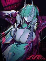 1girl artist_logo breasts cleavage clothes_grab dutch_angle fingernails framed_breasts fur_trim green_eyes green_hair green_nails grin highres horns japanese_clothes juerucj large_breasts logo long_hair long_sleeves multicolored_hair original round_eyewear sharp_fingernails shirt_grab smile solo streaked_hair very_long_fingernails