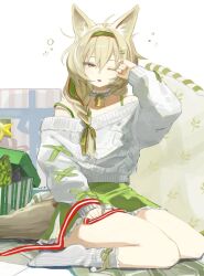 Rule 34 | 1girl, animal ear fluff, arknights, bare shoulders, beanstalk (arknights), beanstalk (gift uncompleted) (arknights), bell, blonde hair, blush, box, braid, choker, cropped sweater, full body, gift, gift box, green nails, green ribbon, green skirt, highres, hyena ears, hyena girl, hyena tail, k-yosinori, long hair, long sleeves, nail polish, neck bell, off-shoulder sweater, off shoulder, official alternate costume, one eye closed, orange nails, parted lips, red eyes, ribbon, side braid, sitting, skirt, sleepy, socks, solo, sweater, thighs, wariza, white choker, white socks, white sweater