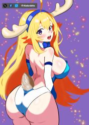 Rule 34 | :o, abalondelta, absurdres, antlers, ass, backless outfit, blonde hair, bow, bowtie, breasts, deer antlers, deer tail, fake antlers, highres, horns, koshi torako, playboy bunny swimsuit, purple background, shikanoko nokonoko koshitantan, sideboob, swimsuit, tail
