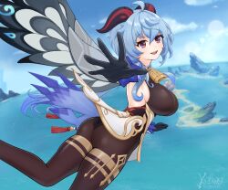 1girl ahoge artist_name ass blue_hair bodysuit breasts detached_sleeves from_side ganyu_(genshin_impact) genshin_impact gliding gloves goat_horns horns large_breasts leotard long_hair looking_at_viewer open_mouth pantyhose red_eyes sideboob smile solo very_long_hair waist_cape wind_glider yohgg959