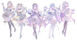 5girls absurdres castorice_(honkai:_star_rail) firefly_(honkai:_star_rail) herta_(honkai:_star_rail) highres honkai:_star_rail honkai_(series) luzi/fengli_nanzi multiple_girls open_mouth robin_(honkai:_star_rail) simple_background the_herta_(honkai:_star_rail) white_background