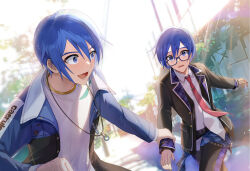 2boys absurdres black_jacket black_nails blue_eyes blue_hair dual_persona glasses hair_between_eyes highres holding_another&#039;s_wrists jacket jewelry kaito_(vocaloid) leo/need_kaito light_particles long_sleeves looking_at_another maima_(rrs_0222) male_focus multicolored_jacket multiple_boys necklace necktie open_clothes open_jacket open_mouth pants pink_necktie plaid_lapels project_sekai running shirt shirt_partially_tucked_in short_hair smile two-tone_jacket vivid_bad_squad_kaito vocaloid white_shirt