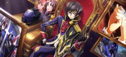 Rule 34 | 1boy, artist request, ascot, black gloves, black hair, black helmet, blue jacket, blue pants, brooch, chair, code geass, code geass: lost stories, crossed legs, dutch angle, epaulettes, floating, floating object, game cg, gem, gloves, gold border, hair between eyes, hand up, happy, helmet, highres, jacket, jewelry, kouzuki kallen, lelouch vi britannia, light particles, light rays, looking at viewer, male focus, mario disel, non-web source, official art, on chair, pants, parted lips, photo (object), picture frame, purple eyes, purple gemstone, red ascot, short hair, sidelocks, sitting, smile, solo, sougetsu (code geass), sparkle, table, tassel, teeth, throne, unworn headwear, unworn helmet, v-shaped eyebrows, zero (code geass)