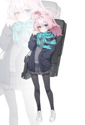 1girl aqua_scarf black_bag black_jacket black_pantyhose blue_archive blue_eyes blush closed_mouth grey_skirt grey_sweater_vest gya_(144) hair_between_eyes halo heterochromia highres hoshino_(blue_archive) jacket long_hair long_sleeves looking_at_viewer pantyhose pink_hair pink_halo ponytail scarf shoes skirt smile sneakers solo sweater_vest white_background white_shoes yellow_eyes zoom_layer