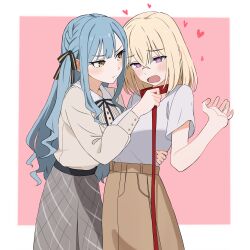 2girls absurdres add_leir animal_collar bang_dream! bang_dream!_it&#039;s_mygo!!!!! blonde_hair blue_eyes blue_hair brown_skirt chinese_commentary collar commentary_request female_pervert grey_skirt hair_between_eyes heart heart-shaped_pupils highres holding holding_leash leash long_hair long_sleeves masochism medium_hair misumi_uika multiple_girls pervert pet_play purple_eyes red_collar shirt short_sleeves sidelocks skirt symbol-shaped_pupils togawa_sakiko white_shirt yellow_eyes yuri