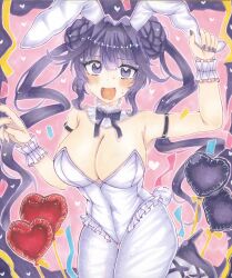 1girl animal_ears bare_shoulders blush breasts cowboy_shot donut_hair_bun double_bun drill_hair duel_monster fake_animal_ears hair_bun heart heart_background heart_in_eye highres ichinose_haruka large_breasts leotard long_hair open_mouth pantyhose pink_background purple_eyes purple_hair rabbit_ears selettrice_vaalmonica simple_background solo strapless strapless_leotard surprised symbol_in_eye twin_drills twintails very_long_hair white_leotard white_pantyhose yu-gi-oh!