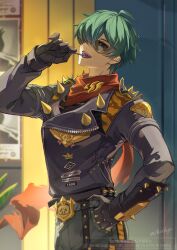 1boy :d ahoge aketohgo artist_name black_gloves black_jacket blue_pants blurry blurry_background candy cowboy_shot fang food gloves green_eyes green_hair hair_over_one_eye hand_in_pocket hand_up highres holding holding_candy holding_food holding_lollipop jacket leather leather_jacket light_particles lighter_(zenless_zone_zero) lollipop lollipop_in_mouth long_sleeves looking_at_viewer male_focus one_eye_covered open_mouth pants parted_bangs pouch red_scarf scarf short_hair smile solo spiked_jacket spikes standing sunglasses teeth thigh_pouch torn_clothes torn_scarf twitter_username upper_teeth_only watermark zenless_zone_zero