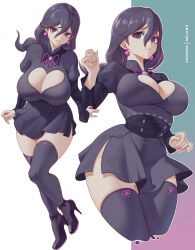 absurdres aged_up alternate_breast_size aqua_background artist_name belt black_dress black_eyes black_hair black_thighhighs blush bow bowtie breasts cleavage_cutout closed_mouth clothing_cutout creatures_(company) dress ear_piercing earrings english_text eyebrows_hidden_by_hair game_freak hex_maniac_(pokemon) hex_maniac_(pokemon_legends:_z-a) high_heels highres jewelry large_breasts looking_at_viewer melowh nintendo patreon_logo patreon_username pearl_earrings piercing pokemon pokemon_legends:_z-a purple_background simple_background solo standing teeth thighhighs thighs white_background