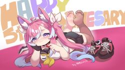 1girl ahoge animal_ear_fluff animal_ears artist_name ass bare_shoulders black_gloves blush bow bowtie breasts brown_thighhighs closed_mouth controller fingerless_gloves food fox_ears fox_girl frilled_shorts frills fruit game_controller gloves gradient_hair hair_between_eyes hair_ribbon hand_on_own_face happy_anniversary highres holding holding_food indie_virtual_youtuber legs_up long_bangs long_hair looking_at_viewer lying multicolored_hair on_stomach pink_hair purple_eyes ribbon sakurami_sumi shirt shoes short_shorts shorts sidelocks signature simple_background smile sneakers soles solo strawberry teletha_(vtuber) thighhighs toes twintails unworn_shoes very_long_hair waist_bag white_shirt yellow_bow yellow_bowtie