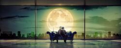 Rule 34 | 2boys, black coat, black jacket, black pants, black shoes, blazer, blue hair, city, city lights, cityscape, closed eyes, cloud, cloudy sky, coat, couch, crossed legs, dappled moonlight, dress shirt, full moon, green sky, grey hair, hands on own knees, highres, indoors, jacket, kotomeiro, leaning on person, male focus, moon, moonlight, multiple boys, narukami yu, night, night sky, on couch, open clothes, open jacket, own hands together, pants, partially unbuttoned, persona, persona 3, persona 4, popped collar, reflective floor, resting, shirt, shoes, side-by-side, sky, skyline, tile floor, tiles, white shirt, window, yuuki makoto (persona 3)
