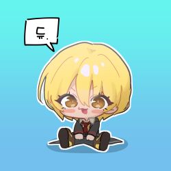 1girl :3 black_coat black_pants blonde_hair blue_background blush brown_shoes chibi coat collared_shirt don_quixote_(project_moon) full_body gradient_background hair_between_eyes highres ishikoro24 limbus_company looking_at_viewer necktie open_clothes open_coat open_mouth orange_eyes pants project_moon red_necktie shirt shoes short_hair sitting smile solo v-shaped_eyebrows white_shirt
