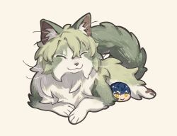 Rule 34 | :3, animal, animal focus, animalization, cat, closed eyes, closed mouth, commentary, crossed bangs, double-parted bangs, ensemble stars!, full body, green fur, green hair, hair between eyes, happy, lying, merchandise, no humans, norwegian forest cat, on stomach, own hands together, sazanami jun, short hair, simple background, smile, solo, thick tail, tomoe hiyori, tripleomurice, two-tone fur, white background, white fur
