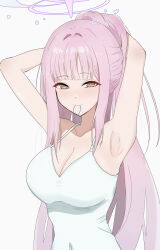 1girl absurdres adjusting_hair armpits blue_archive blush breasts cleavage closed_mouth collarbone covered_navel hair_tie_in_mouth halo highres large_breasts long_hair looking_at_viewer mika_(blue_archive) montsuko mouth_hold pink_hair pink_halo ponytail smile solo tank_top white_tank_top yellow_eyes
