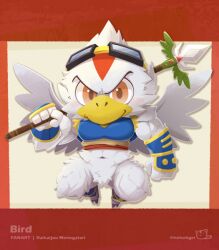1boy abs armor artist_name bara bear biceps bird_(daikaijuu_monogatari) bird_boy bird_wings blue_armor breastplate character_name chibi chibi_only closed_mouth commentary copyright_name daikaijuu_monogatari english_commentary furry furry_male gauntlets goggles goggles_on_head holding holding_polearm holding_weapon looking_at_viewer male_focus muscular muscular_male nekotiger no_pants over_shoulder polearm smile twitter_username weapon weapon_over_shoulder wings
