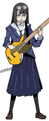 Rule 34 | 1girl, brown eyes, brown hair, dowman sayman, eizouken ni wa te wo dasu na!, electric guitar, freckles, full body, glasses on head, guitar, highres, instrument, kanamori sayaka, long hair, school uniform, white background