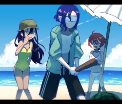 1boy 2girls amate_yuzuriha aqua_eyes beach beach_umbrella bikini blindfold blue_hair blue_sky breasts closed_mouth cloud colored_inner_hair commentary_request day food fruit gundam gundam_gquuuuuux hat holding holding_stick jacket long_hair long_sleeves multicolored_hair multiple_girls nyaan_(gundam_gquuuuuux) ocean open_clothes open_jacket open_mouth outdoors purple_hair rasube_(yfjwbmrrbjw0oey) red_hair sand short_hair shuji_ito sky smile stick suikawari sweatdrop swimsuit two-tone_hair umbrella water watermelon white_bikini yellow_eyes