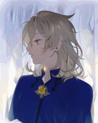 Rule 34 | 1boy, albedo (genshin impact), blonde hair, blue eyes, blue shirt, curtains, genshin impact, glowing, glowing scar, hair between eyes, highres, kushami deso, male focus, parted lips, profile, scar, scar on neck, shirt, simple background, solo, upper body, vision (genshin impact)