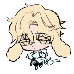 1boy alien_stage animal_ears black_pants blonde_hair chibi chibi_only commentary floppy_ears full_body long_sleeves lubya luka_(alien_stage) male_focus pants rabbit_boy rabbit_ears shirt shoes short_hair simple_background solo very_short_hair white_background white_shirt white_shoes yellow_eyes