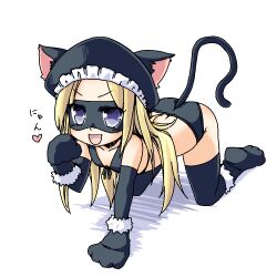 1girl :d all_fours animal_ears artist_request bare_shoulders bikini black_bikini black_gloves black_hat black_tail black_thighhighs blonde_hair blue_eyes cat_ears cat_girl cat_tail collarbone ears_through_headwear elbow_gloves fang flat_chest front-tie_bikini_top front-tie_top full_body futaba_channel gloves hand_up hat jaggy_lines long_hair nijiura_maids nyan open_mouth shadow simple_background smile solo swimsuit tail teeth thighhighs third-party_source upper_teeth_only v-shaped_eyebrows warui_(nijiura_maids) white_background