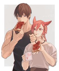 2boys :t adventurer_(ff14) animal_ears bare_arms bare_shoulders black_tank_top blue_eyes border braid braided_ponytail bread bread_slice breakfast brown_hair bwith00 cat_ears collarbone commentary_request cup eating english_text eye_contact facial_hair facial_mark final_fantasy final_fantasy_xiv food food_in_mouth food_on_face g&#039;raha_tia good_morning grey_background grey_shirt hair_between_eyes hair_ornament hands_up height_difference highres holding holding_cup holding_food hyur jam korean_commentary looking_at_another low_ponytail male_focus miqo&#039;te mouth_hold mug multiple_boys outside_border ponytail red_eyes red_hair scar scar_on_arm shirt short_hair simple_background single_braid slit_pupils standing stubble swept_bangs tank_top toast toast_in_mouth toned toned_male upper_body warrior_of_light_(ff14) white_border x_hair_ornament