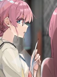 2girls blue_eyes bocchi_the_rock! commentary_request funi_mu9 glasses gotoh_hitori gotoh_michiyo highres light_particles long_hair mother_and_daughter multiple_girls open_mouth pink_hair sailor_collar short_hair sidelocks upper_body