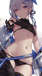 1girl absurdres amane_kanata amane_kanata_(work) angel_wings black_bra black_gloves black_shirt black_skirt blue_background blue_thighhighs bra breasts closed_mouth clothes_lift clothes_pull commentary_request double-parted_bangs feathered_wings frilled_skirt frills gloves gradient_wings hair_between_eyes hair_ornament hair_over_one_eye hair_rings halo halter_shirt halterneck highres hololive jacket jacket_partially_removed jewelry kaguya_(srx61800) long_hair looking_at_viewer mini_wings multicolored_wings navel necklace official_alternate_costume official_alternate_hairstyle partially_fingerless_gloves purple_eyes ribbed_shirt shirt shirt_lift skirt skirt_pull sleeveless sleeveless_shirt small_breasts solo star_(symbol) star_hair_ornament star_halo star_necklace stomach thigh_gap thighhighs twintails underwear virtual_youtuber white_jacket white_wings wings