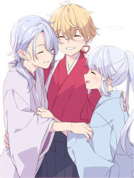 1girl 2boys aged_down asymmetrical_hair ayaka_(genshin_impact) black_hakama blonde_hair blue_hair blue_kimono blunt_bangs blunt_tresses brother_and_sister closed_eyes crossed_bangs earrings facing_another facing_viewer genshin_impact grin hair_behind_ear hair_between_eyes hair_over_shoulder hakama hand_on_another&#039;s_back hand_on_another&#039;s_waist happy high_ponytail highres japanese_clothes jewelry kamisato_ayato kimono light_blush long_sleeves medium_hair multiple_boys open_mouth parted_bangs ponytail purple_kimono red_kimono siblings simple_background smile soranomonooki stud_earrings tasuki thoma_(genshin_impact) twitter_username white_background wide_sleeves