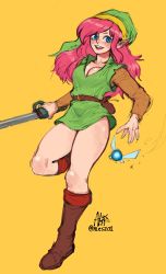 1girl absurdres belt blue_eyes blush boots breasts cleavage gabriel_ales genderswap genderswap_(mtf) green_headwear green_tunic hat highres link link_(shounen_captain) long_hair looking_at_viewer navi nintendo pink_hair pointy_ears smile sword the_legend_of_zelda thighs tunic weapon